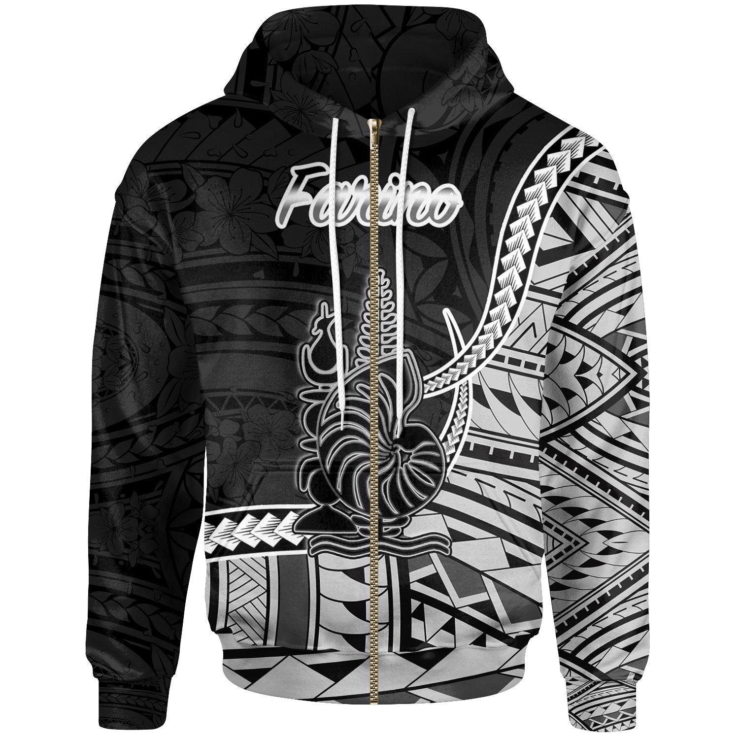 New Caledonia Islands Zip Hoodie Farino Seal of New Caledonia Polynesian Patterns Unisex Black - Polynesian Pride