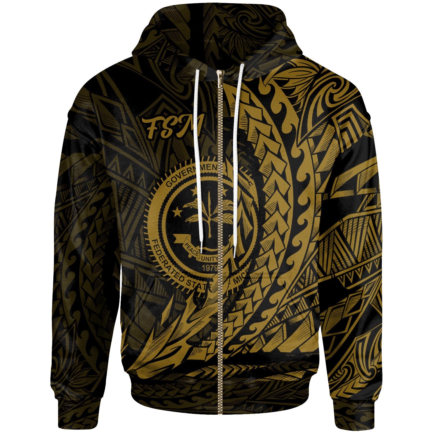 Federated States of Micronesia Zip Hoodie Gold Wings Style Unisex Black - Polynesian Pride