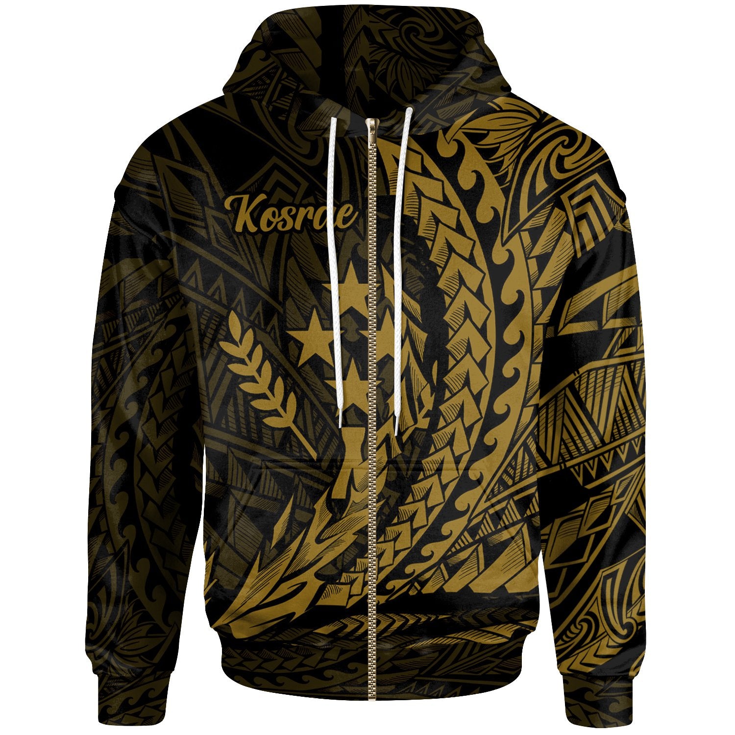 Kosrae State Zip Hoodie Gold Wings Style Unisex Black - Polynesian Pride