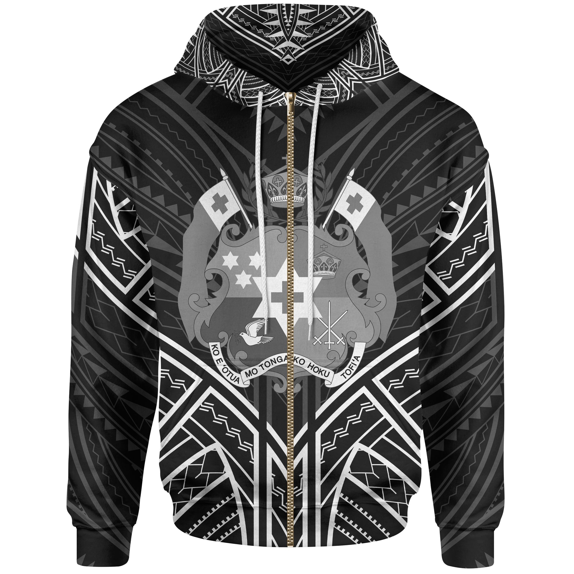 Tonga Zip Hoodie Tonga Seal Black Tribal Patterns Unisex White - Polynesian Pride