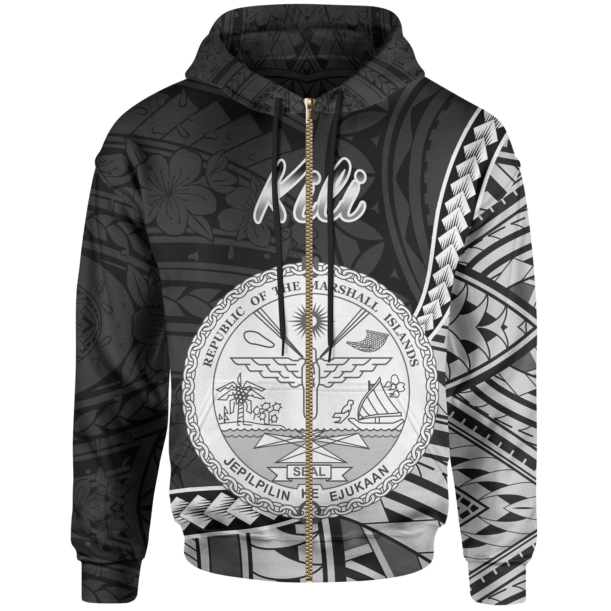 Marshall Islands Zip Hoodie Kili Seal of Marshall Islands Polynesian Patterns Unisex Black - Polynesian Pride