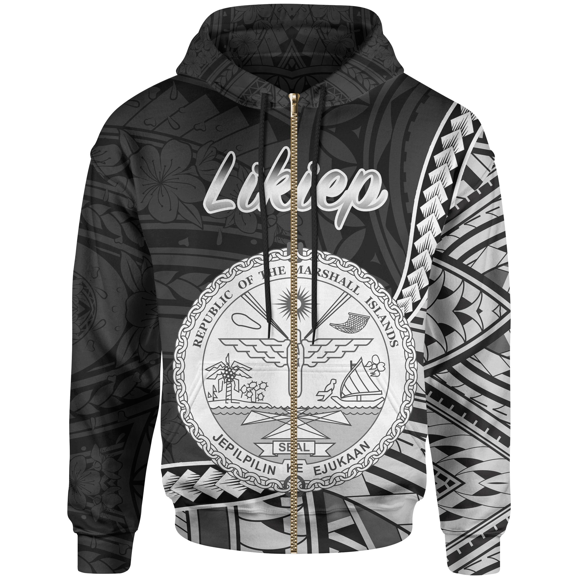 Marshall Islands Zip Hoodie Likiep Seal of Marshall Islands Polynesian Patterns Unisex Black - Polynesian Pride