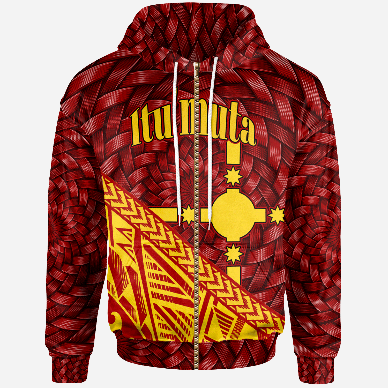 Rotuma Zip Hoodie Itumuta Tapa Patterns With Bamboo Red - Polynesian Pride