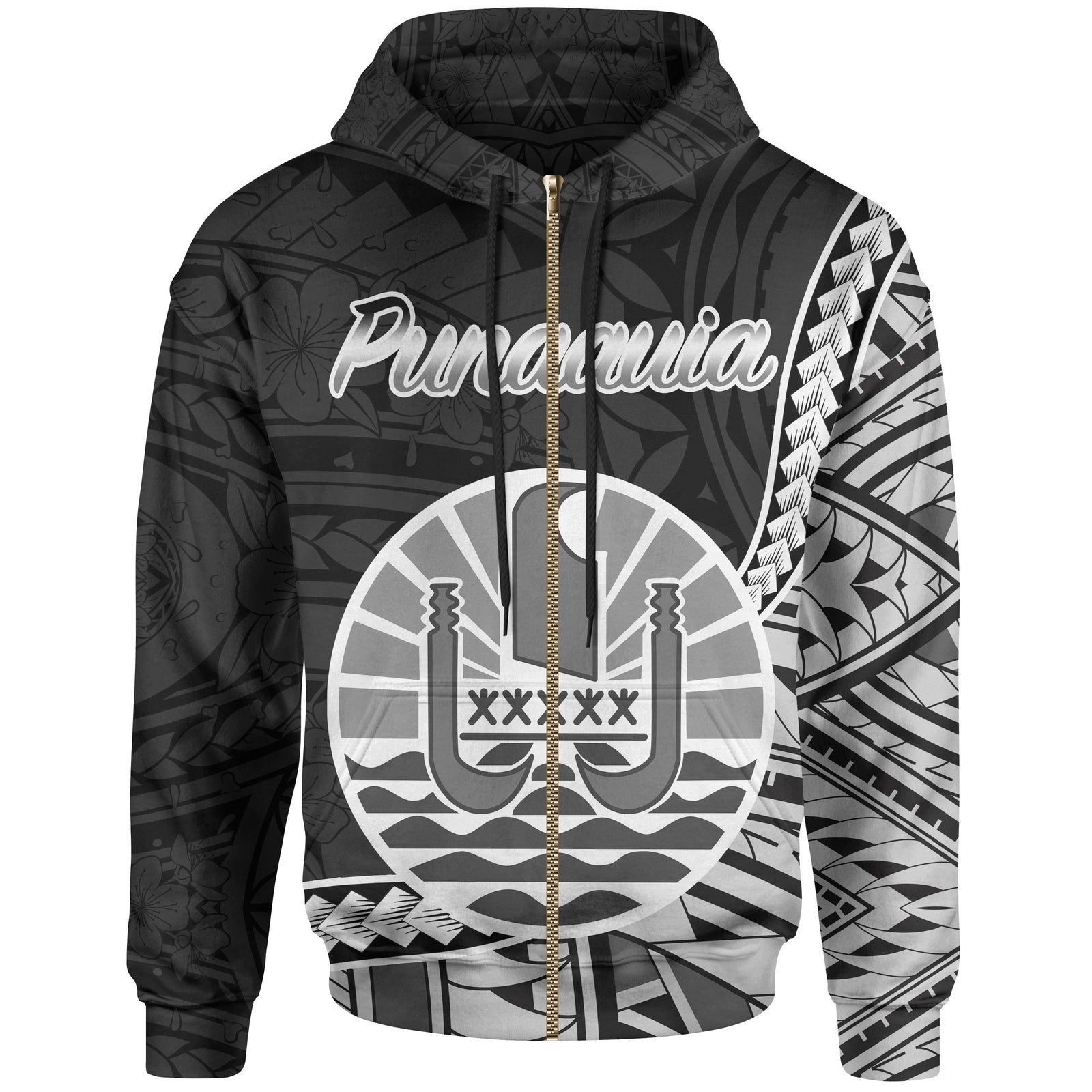 French Polynesia Zip Hoodie Punaauia Seal of French Polynesia Polynesian Patterns Unisex Black - Polynesian Pride