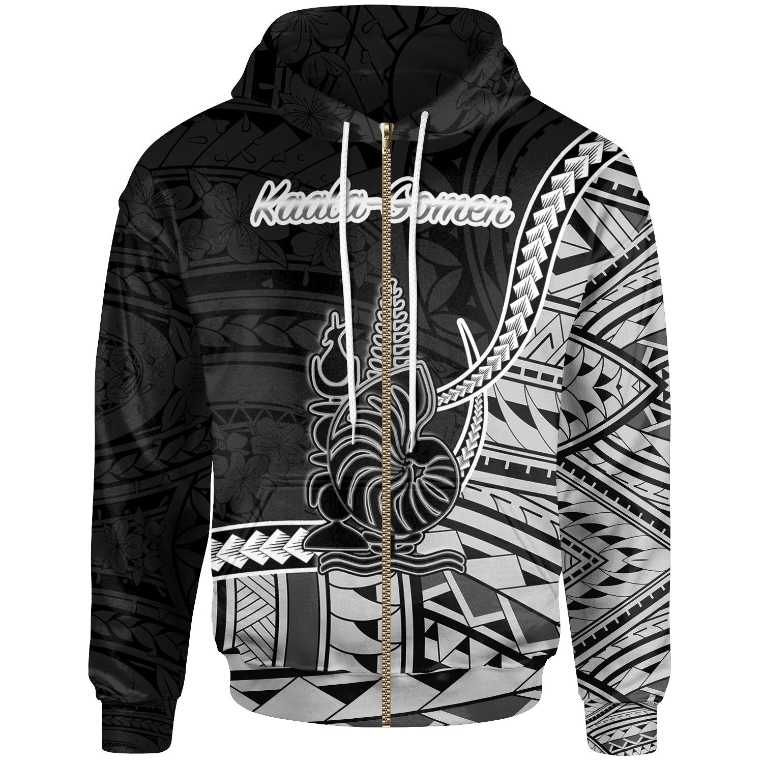 New Caledonia Islands Zip Hoodie Kaala Gomen Seal of New Caledonia Polynesian Patterns Unisex Black - Polynesian Pride