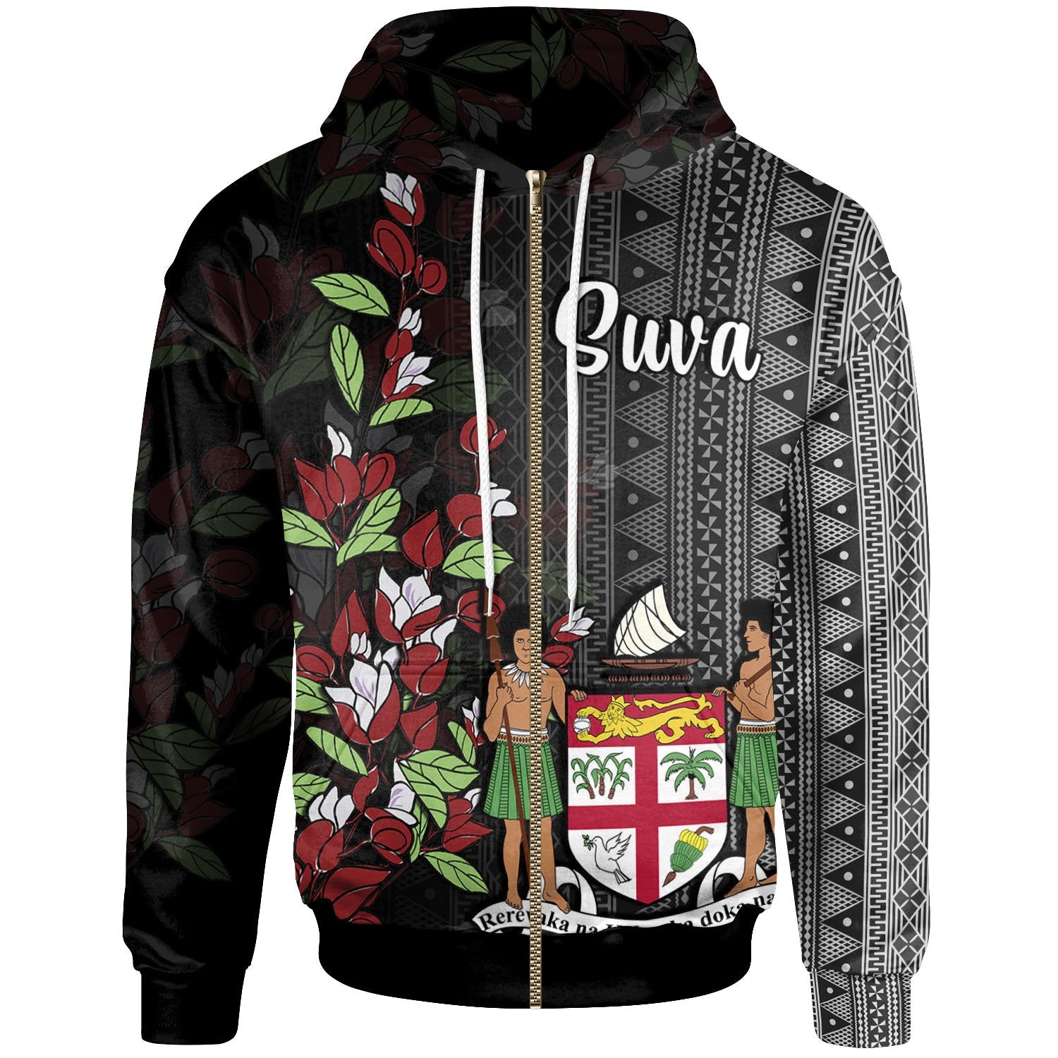 Fiji Zip Hoodie Suva Tagimaucia Flowers Unisex Black - Polynesian Pride