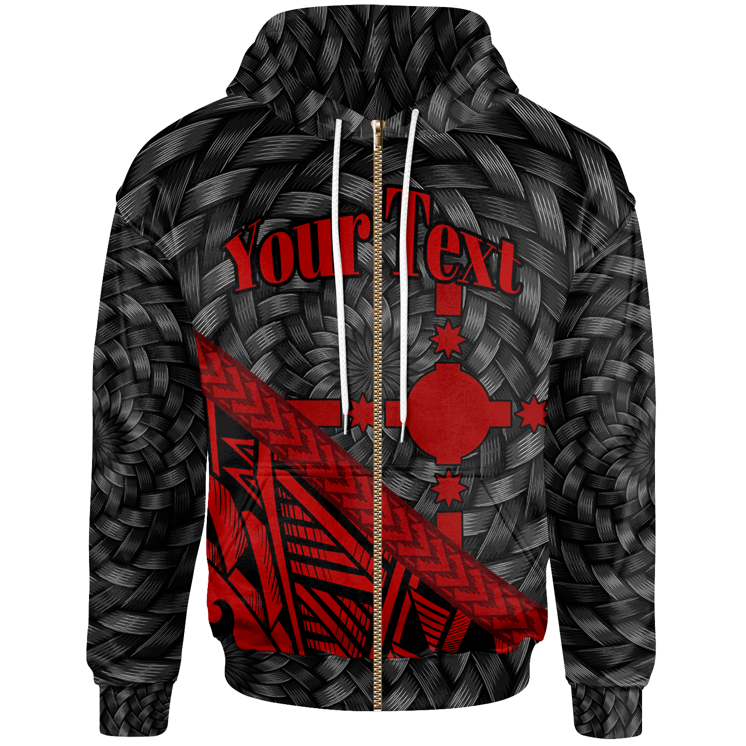 Rotuma Zip Hoodie Custom Red Tapa Patterns With Bamboo Unisex Red - Polynesian Pride