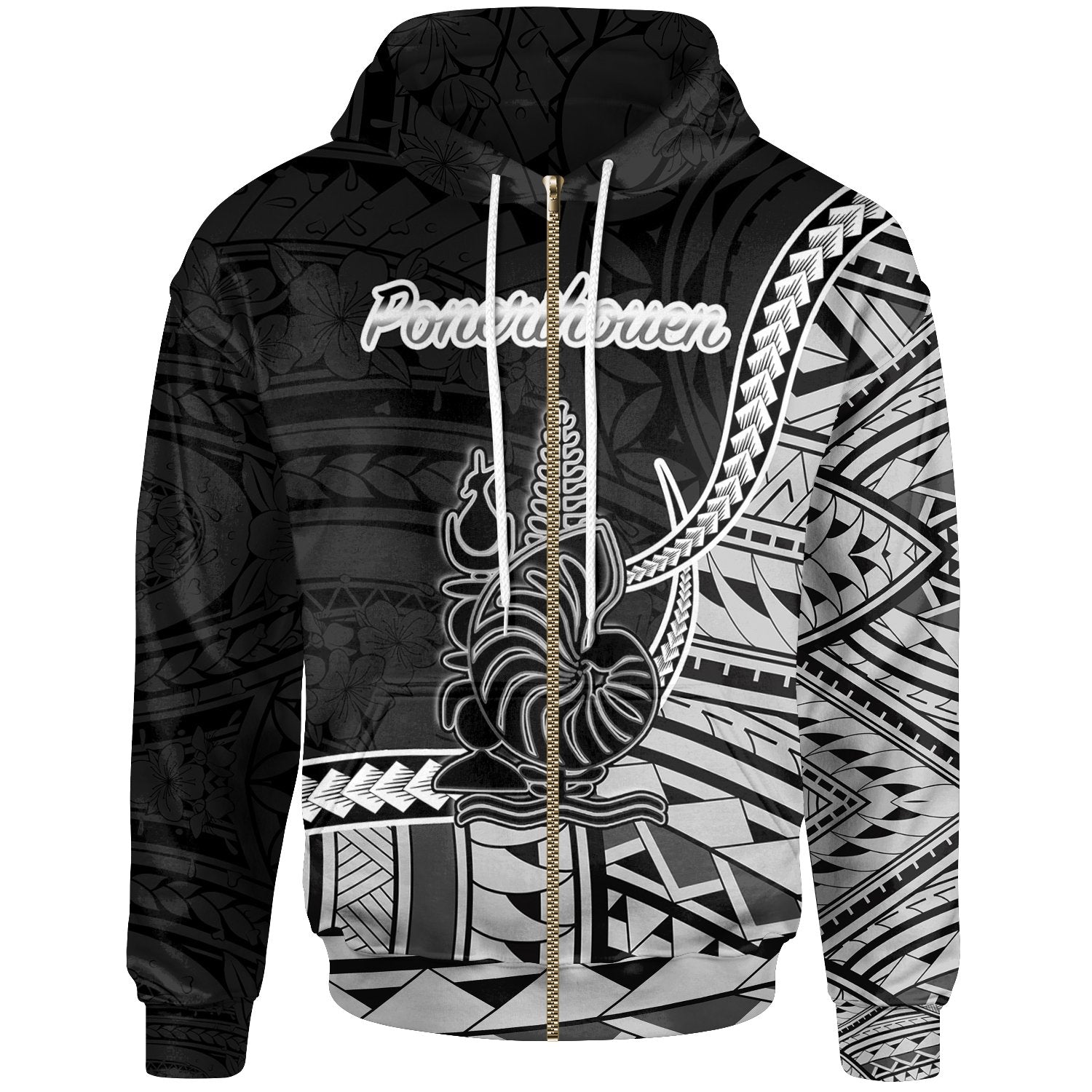 New Caledonia Islands Zip Hoodie Ponerihouen Seal of New Caledonia Polynesian Patterns Unisex Black - Polynesian Pride