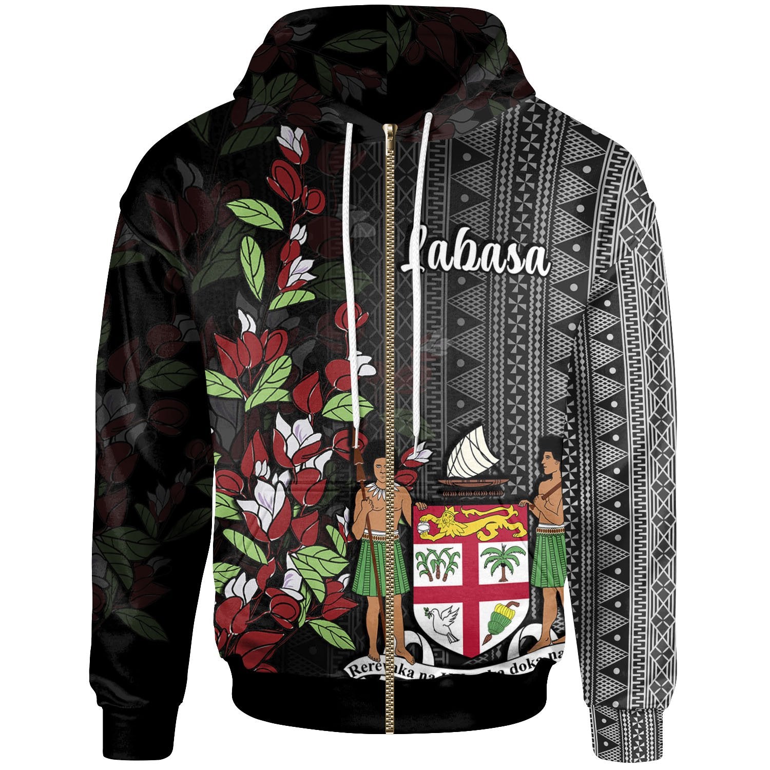 Fiji Zip Hoodie Labasa Tagimaucia Flowers Unisex Black - Polynesian Pride