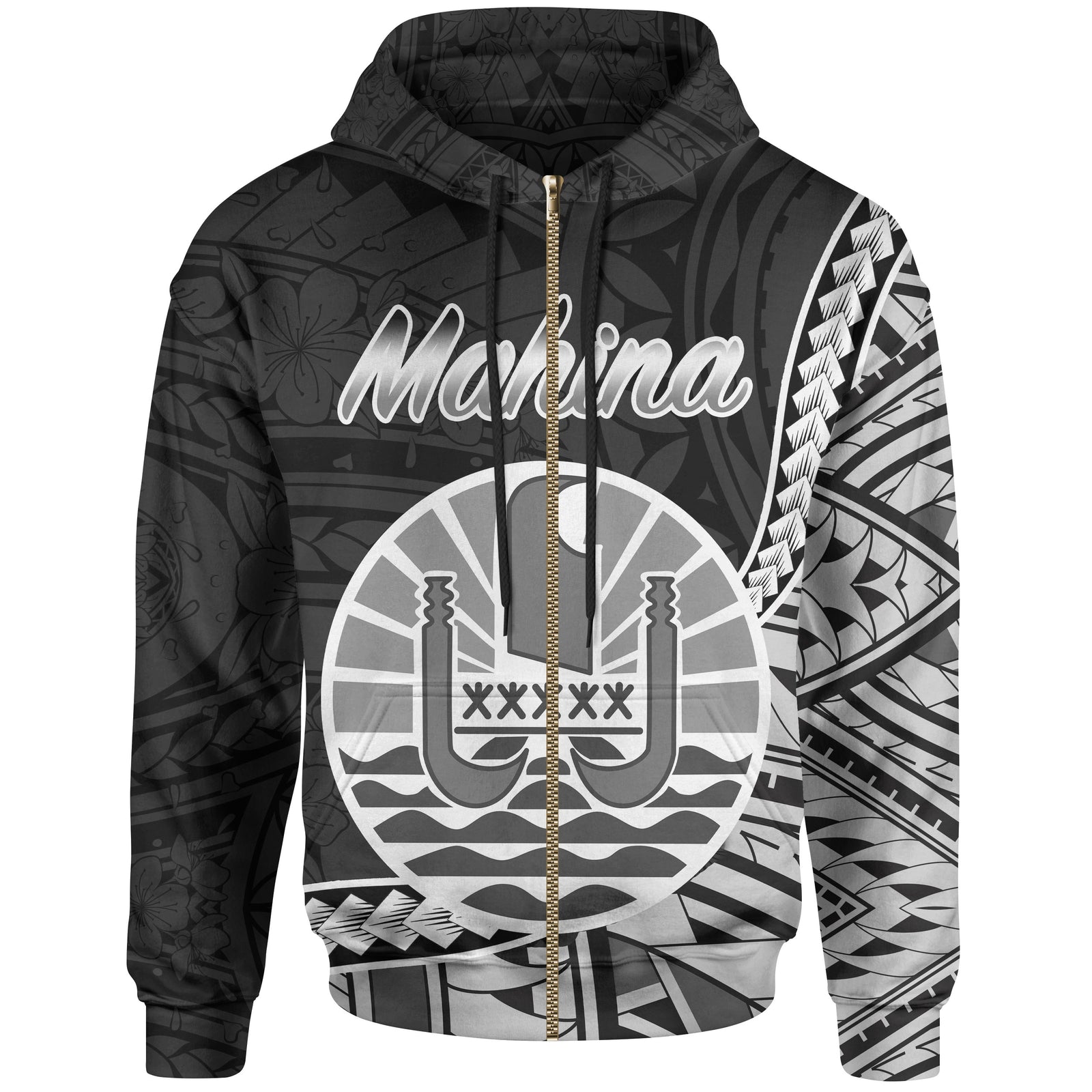 French Polynesia Zip Hoodie Mahina Seal of French Polynesia Polynesian Patterns Unisex Black - Polynesian Pride