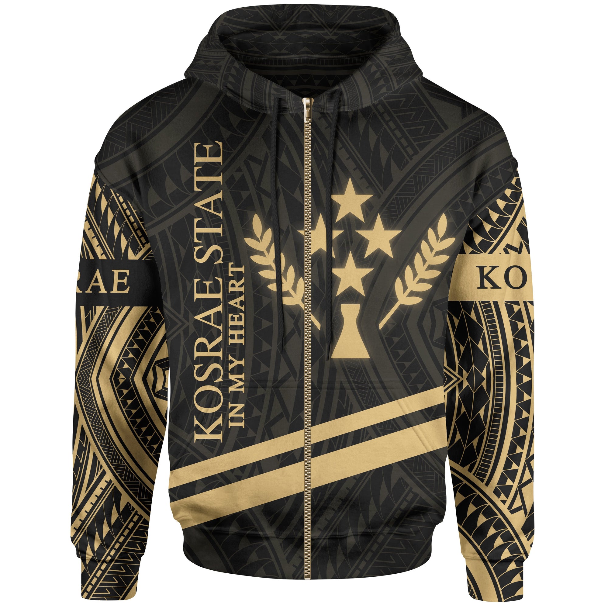 Kosrae State Zip Hoodie In My Heart Style Gold Polynesian Patterns Unisex Black - Polynesian Pride