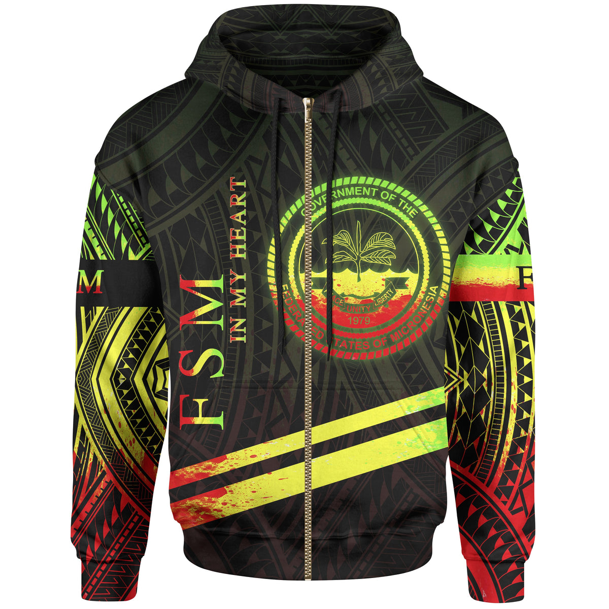 Federated States of Micronesia Zip Hoodie In My Heart Style Reggae Polynesian Patterns Unisex Black - Polynesian Pride