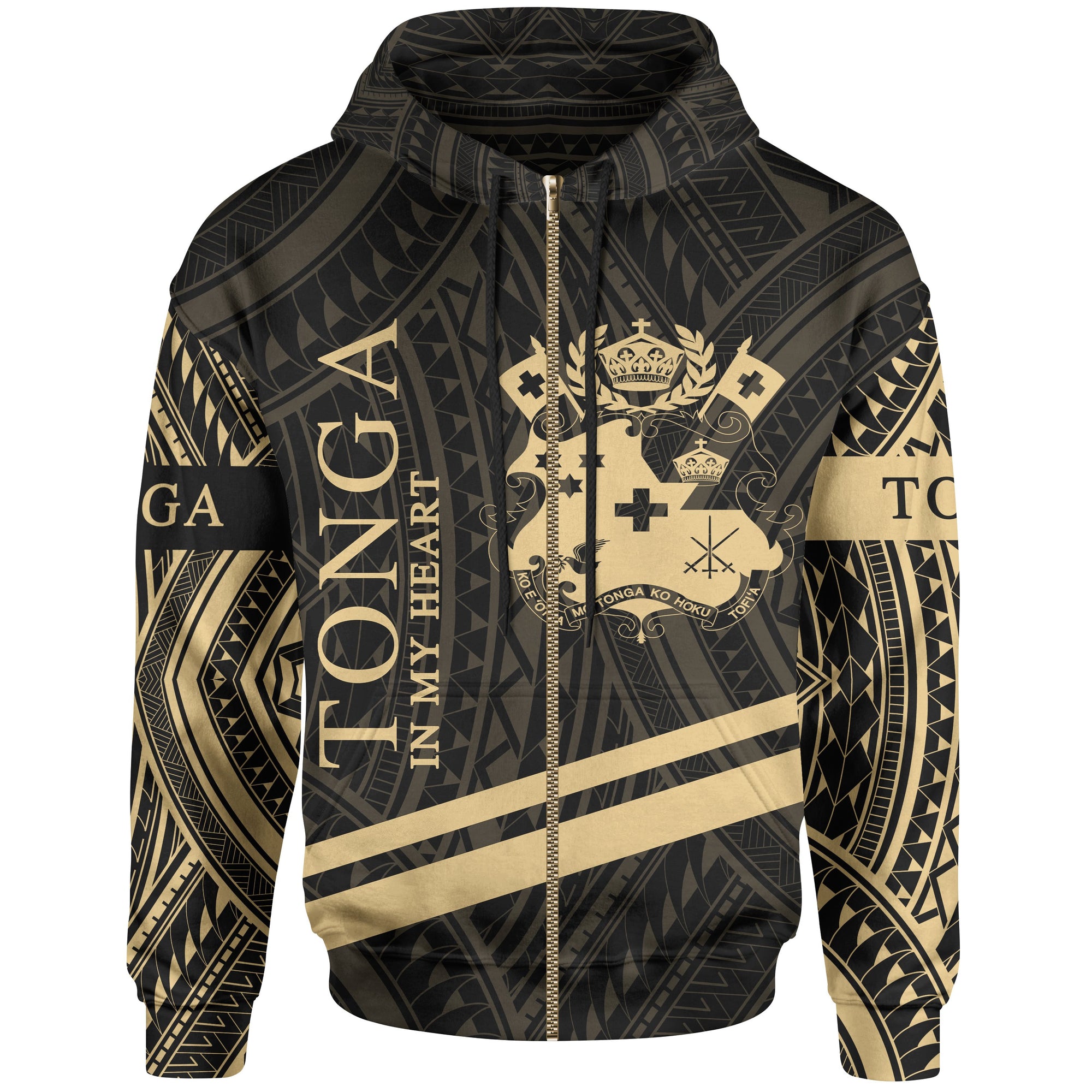 Tonga Zip Hoodie In My Heart Style Gold Polynesian Patterns Unisex Black - Polynesian Pride