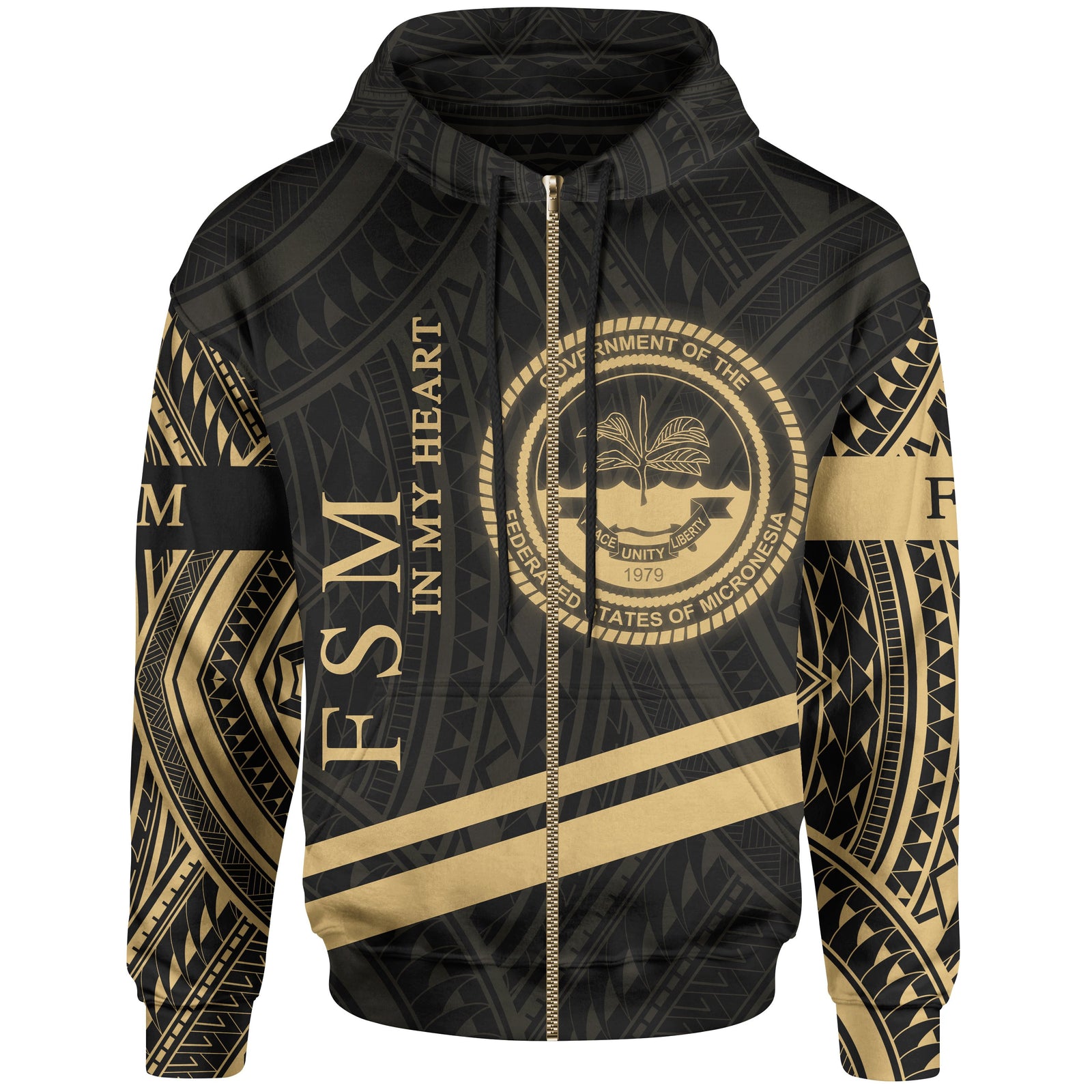 Federated States of Micronesia Zip Hoodie In My Heart Style Gold Polynesian Patterns Unisex Black - Polynesian Pride