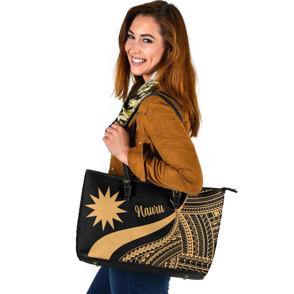 Nauru Large Leather Tote Bag - Gold Polynesian Tentacle Tribal Pattern Gold - Polynesian Pride