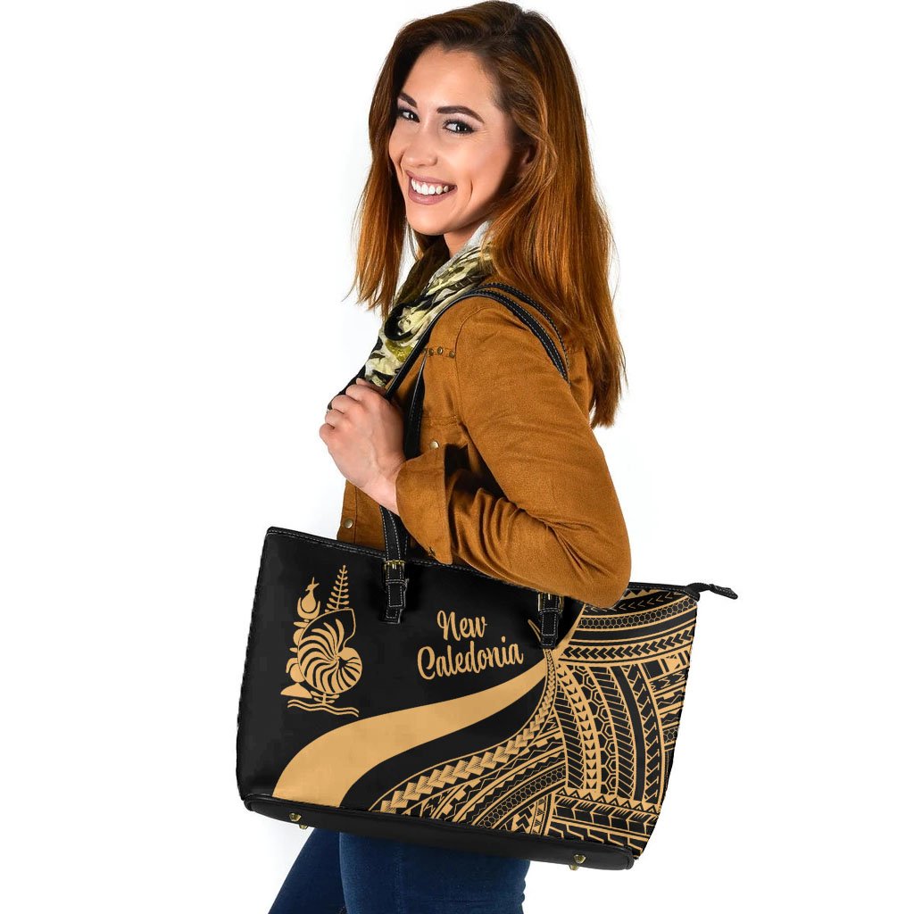 New Caledonia Large Leather Tote Bag - Gold Polynesian Tentacle Tribal Pattern Crest Gold - Polynesian Pride