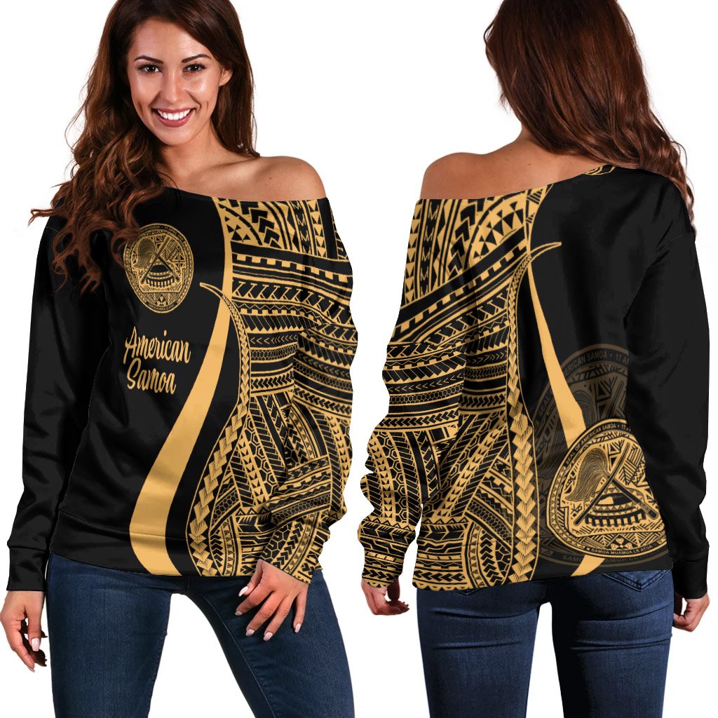 American Samoa Women's Off Shoulder Sweater - Gold Polynesian Tentacle Tribal Pattern Gold - Polynesian Pride