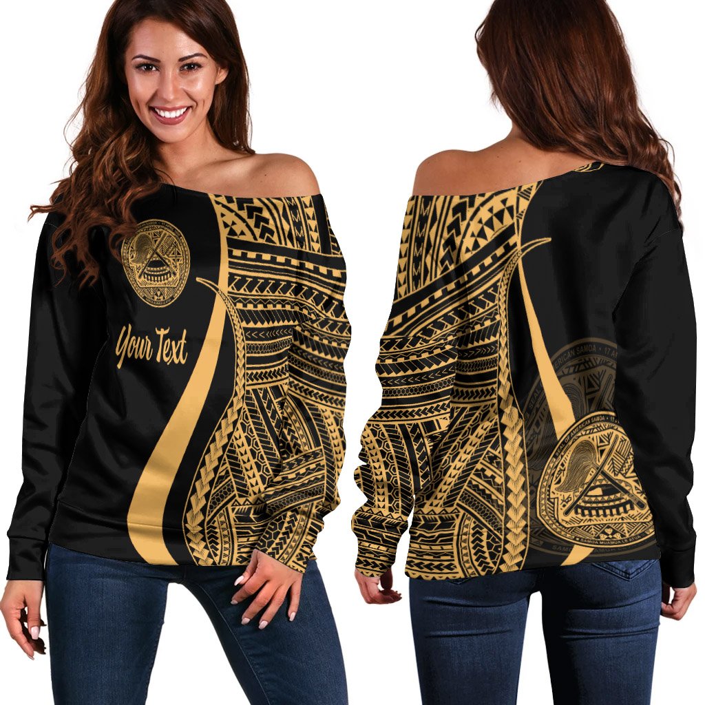 American Samoa Custom Personalised Women's Off Shoulder Sweater - Gold Polynesian Tentacle Tribal Pattern Gold - Polynesian Pride