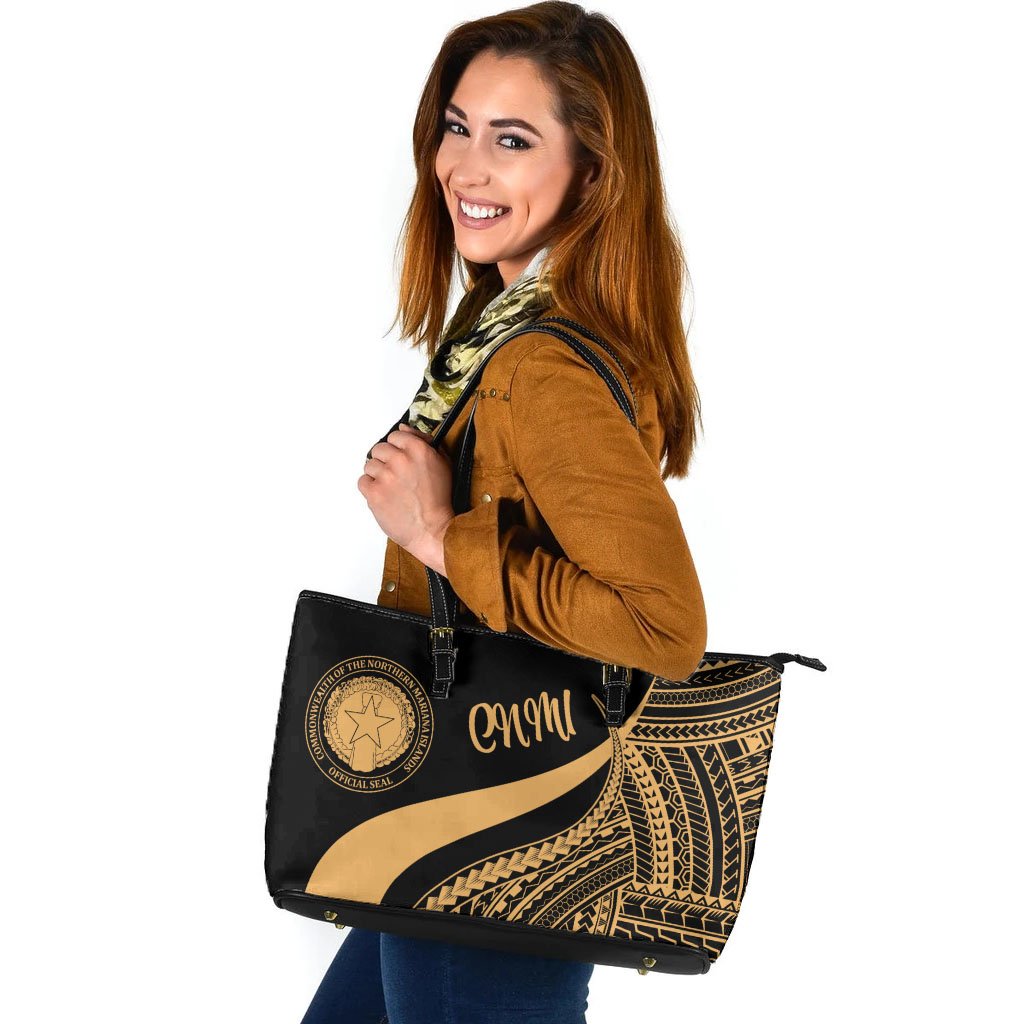 Northern Mariana Islands Large Leather Tote Bag - Gold Polynesian Tentacle Tribal Pattern Gold - Polynesian Pride