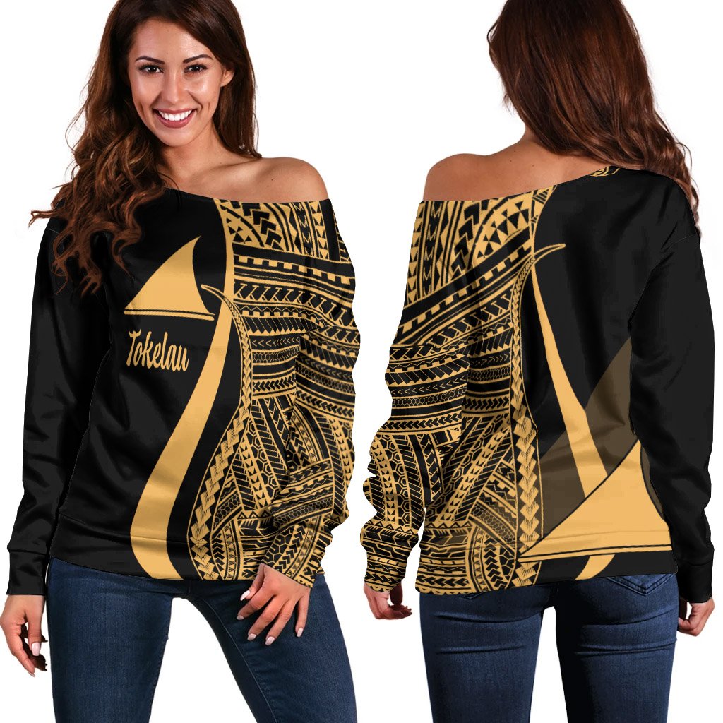 Tokelau Women's Off Shoulder Sweater - Gold Polynesian Tentacle Tribal Pattern Gold - Polynesian Pride