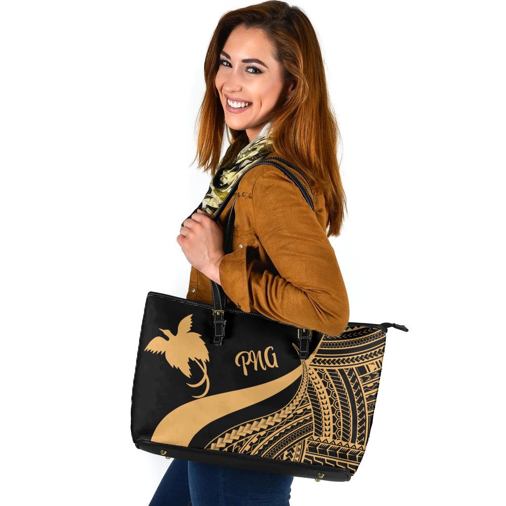 Papua New Guinea Large Leather Tote Bag - Gold Polynesian Tentacle Tribal Pattern Gold - Polynesian Pride