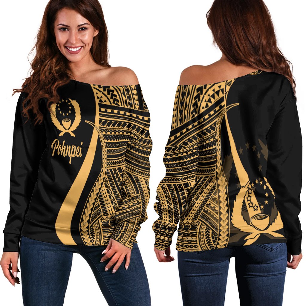 Pohnpei Women's Off Shoulder Sweater - Gold Polynesian Tentacle Tribal Pattern Gold - Polynesian Pride