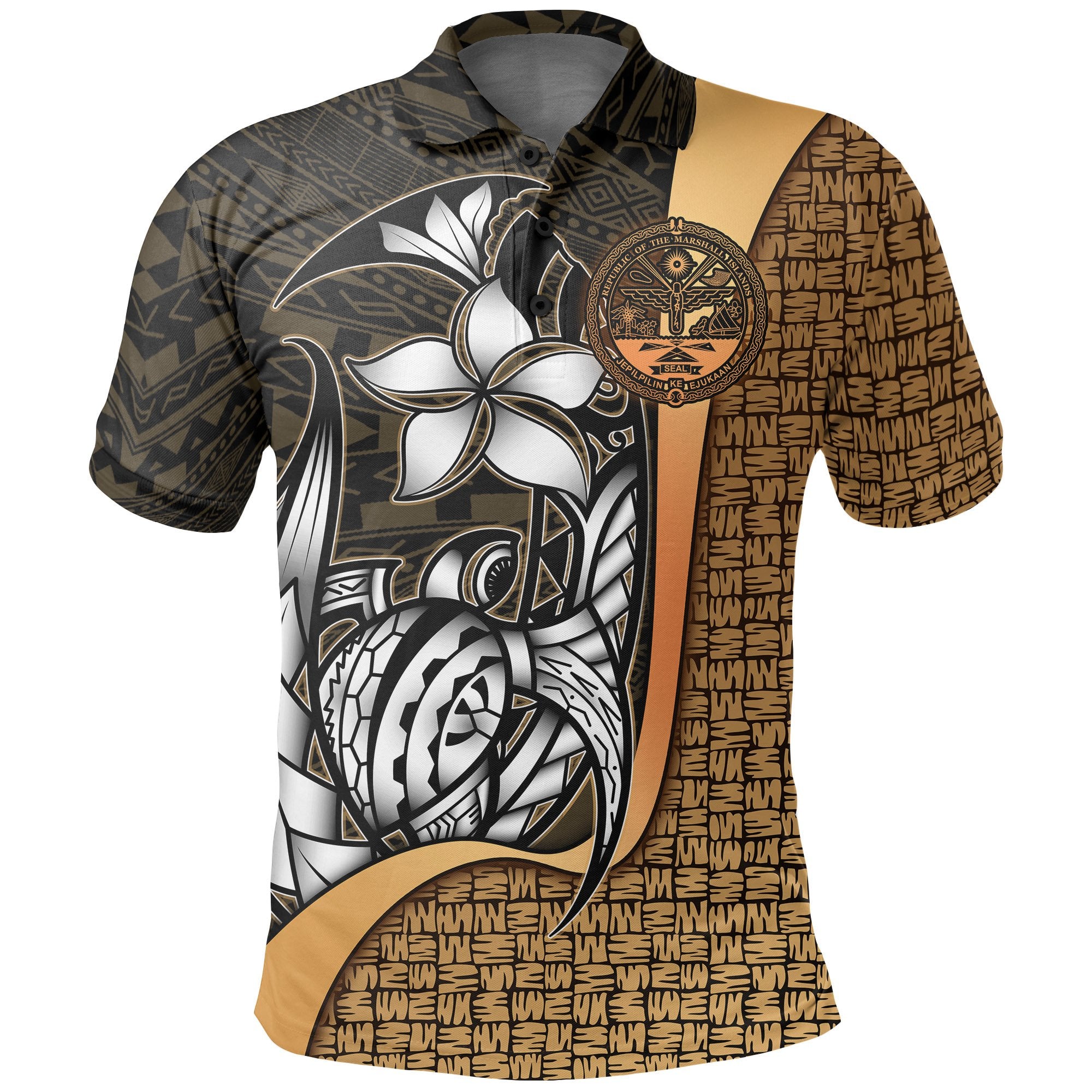 Marshall Islands Polo Shirt Gold Coat of Arm Turtle with Hook Unisex GOLD - Polynesian Pride