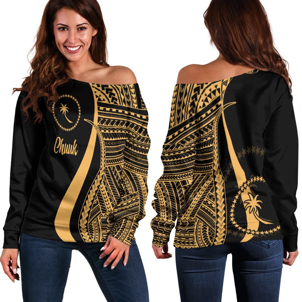 Chuuk Women's Off Shoulder Sweater - Gold Polynesian Tentacle Tribal Pattern Gold - Polynesian Pride