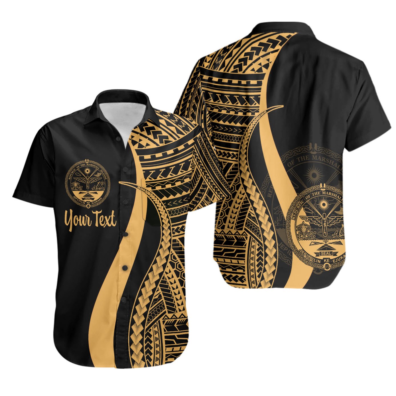 Marshall Islands Custom Personalised Short Sleeve Shirts - Gold Polynesian Tentacle Tribal Pattern Crest Unisex Gold - Polynesian Pride