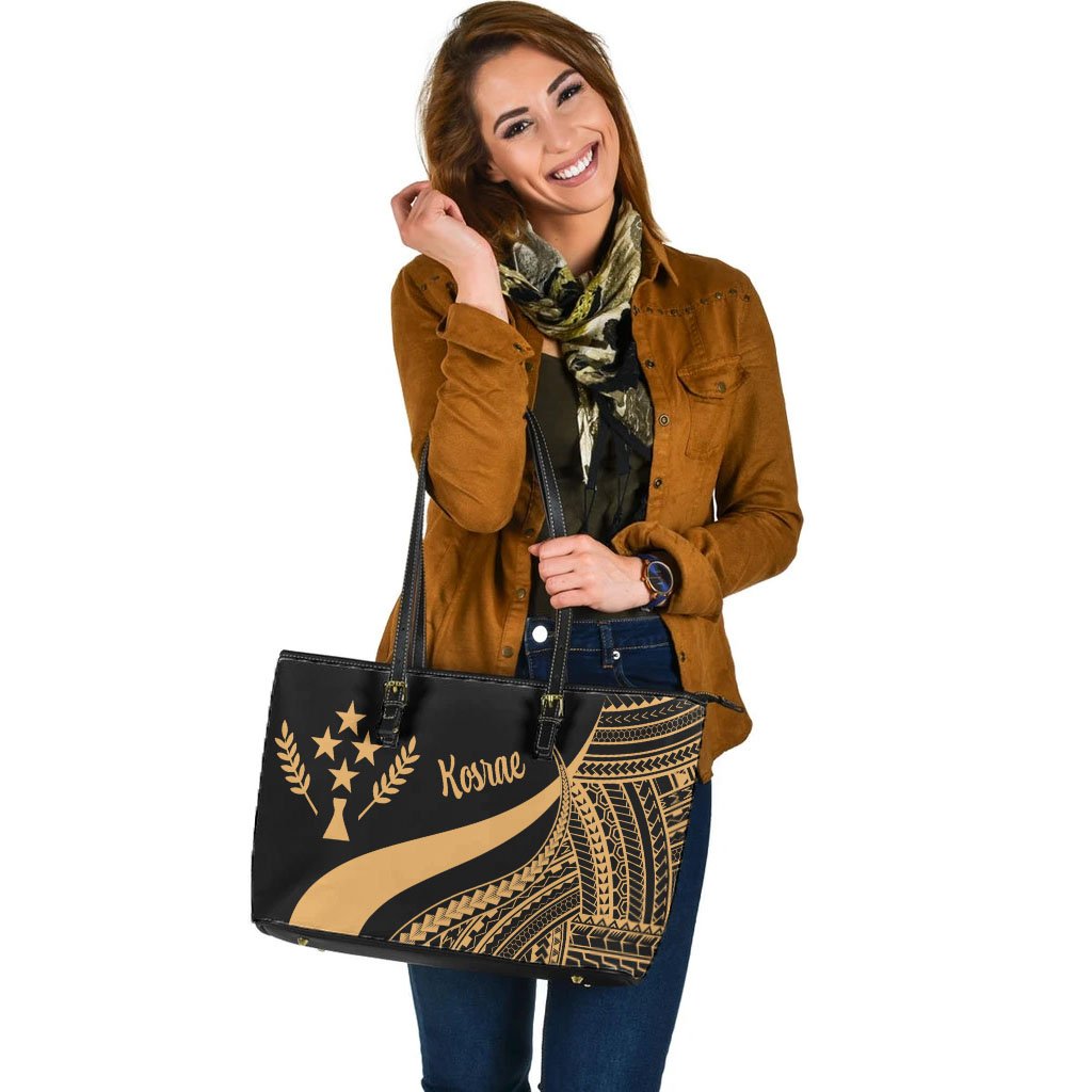 Kosrae Large Leather Tote Bag - Gold Polynesian Tentacle Tribal Pattern - Polynesian Pride