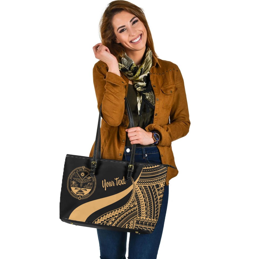 Marshall Islands Custom Personalised Large Leather Tote Bag - Gold Polynesian Tentacle Tribal Pattern Crest - Polynesian Pride