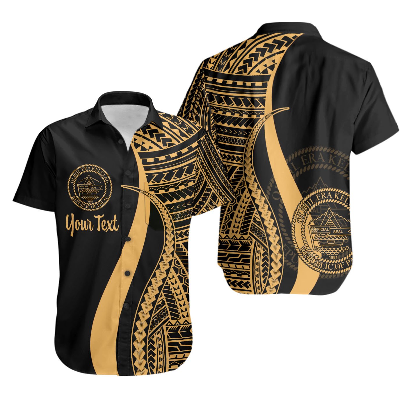 Palau Custom Personalised Short Sleeve Shirts - Gold Polynesian Tentacle Tribal Pattern Crest Unisex Gold - Polynesian Pride