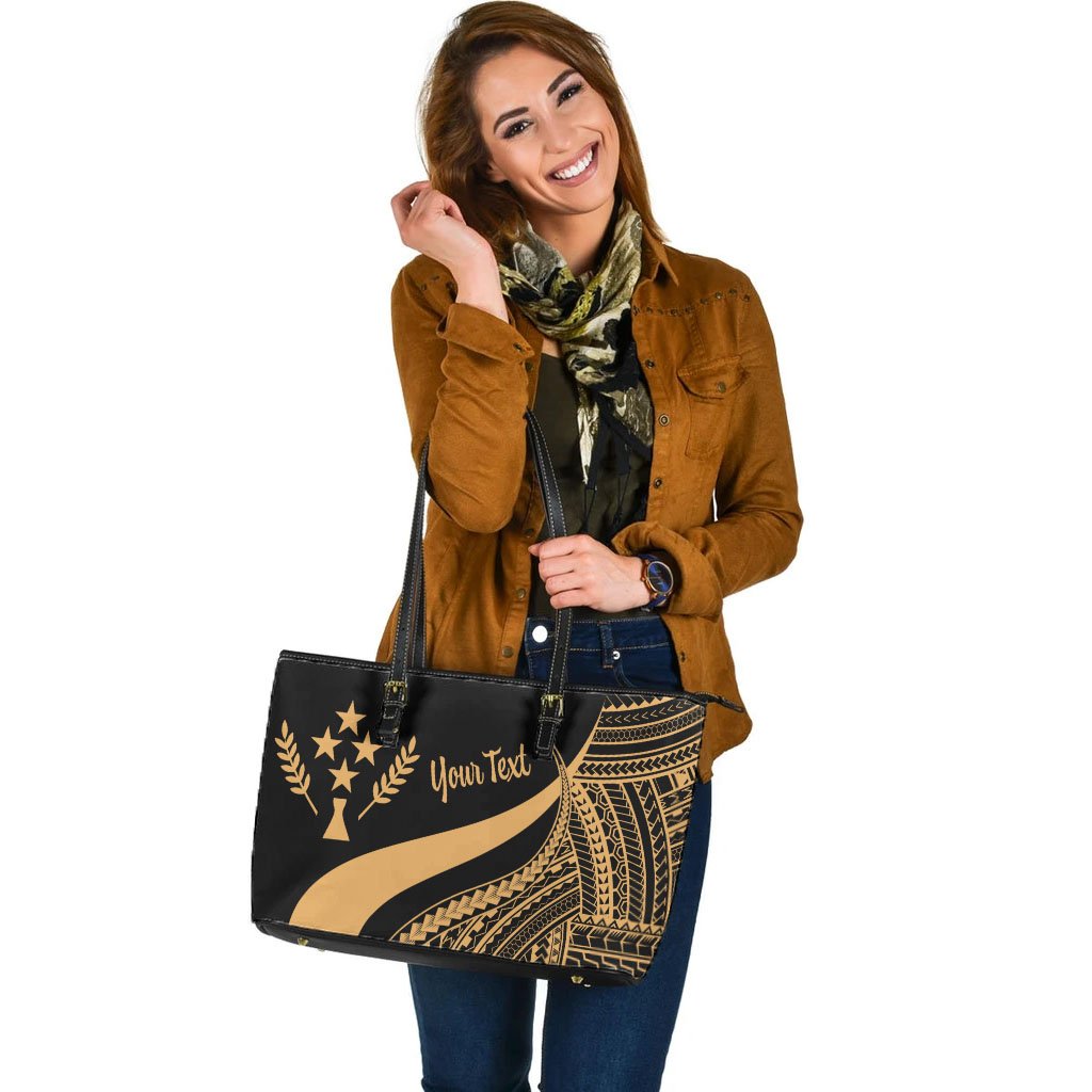 Kosrae Custom Personalised Large Leather Tote Bag - Gold Polynesian Tentacle Tribal Pattern - Polynesian Pride