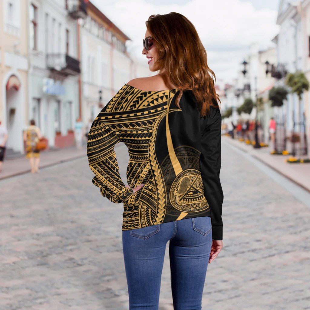 American Samoa Custom Personalised Women's Off Shoulder Sweater - Gold Polynesian Tentacle Tribal Pattern - Polynesian Pride