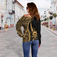 Tuvalu Custom Personalised Women's Off Shoulder Sweater - Gold Polynesian Tentacle Tribal Pattern - Polynesian Pride