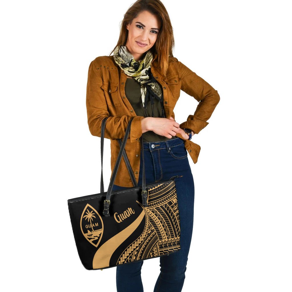 Guam Large Leather Tote Bag - Gold Polynesian Tentacle Tribal Pattern - Polynesian Pride