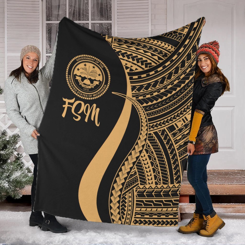 Federated States of Micronesia Premium Blanket - Gold Polynesian Tentacle Tribal Pattern White - Polynesian Pride