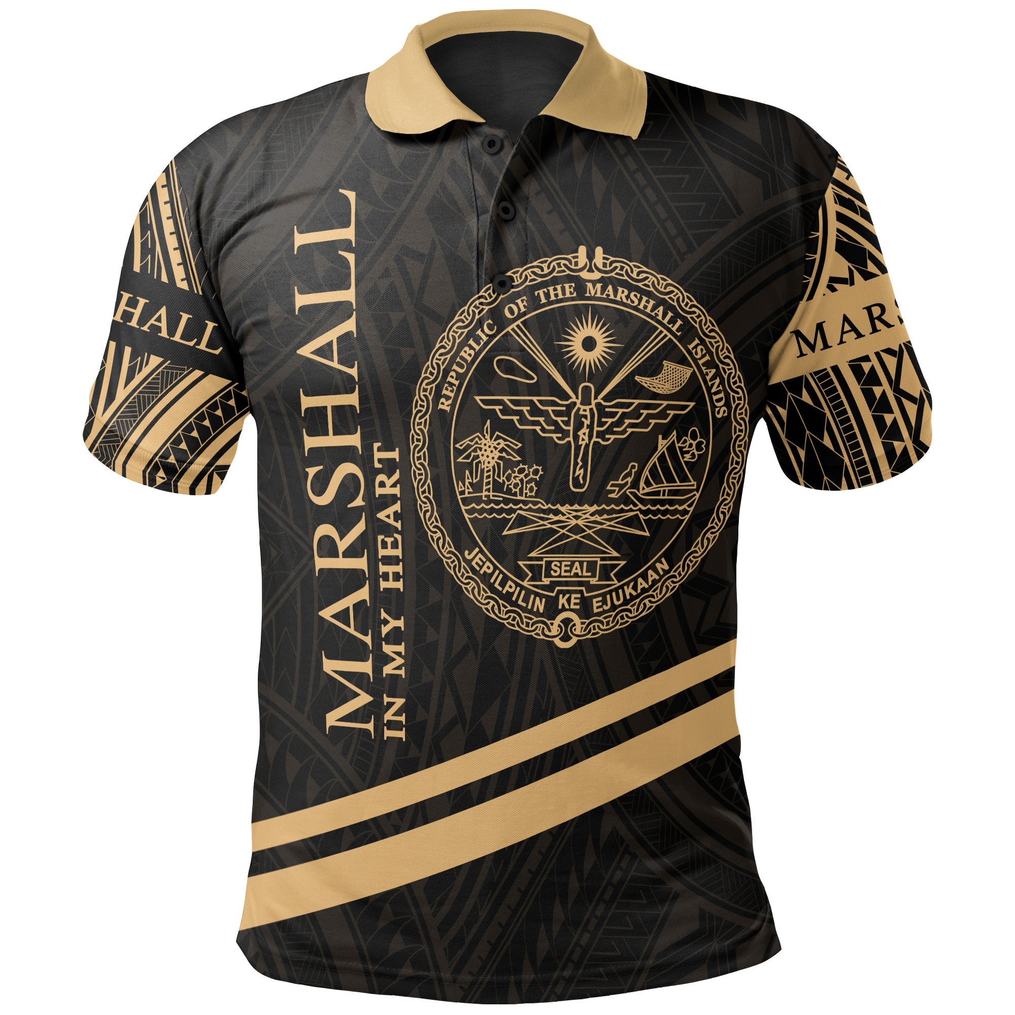 Marshall Islands Polo Shirt In My Heart Style Gold Polynesian Patterns Unisex Black - Polynesian Pride