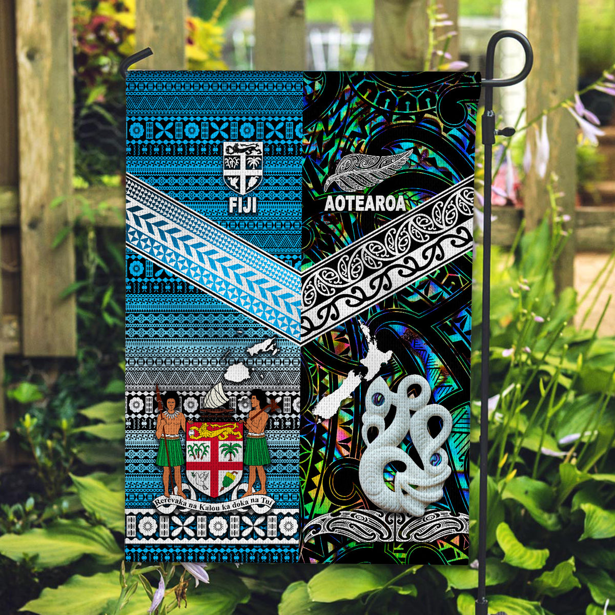 New Zealand And Fiji Flag Together - Paua Shell LT8 House Flag - Polynesian Pride