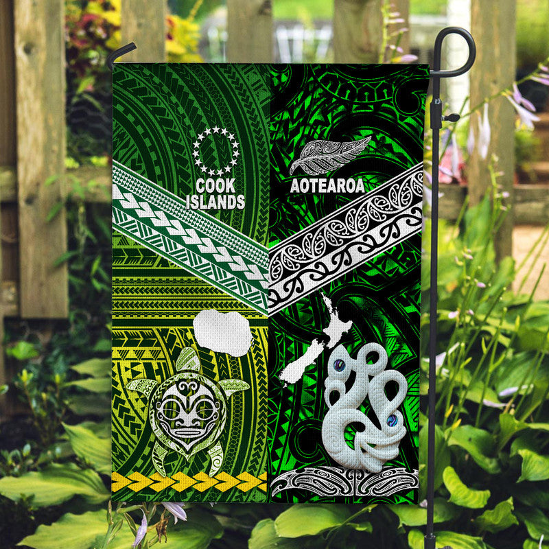 New Zealand And Cook Islands Flag Together - Green LT8 House Flag - Polynesian Pride