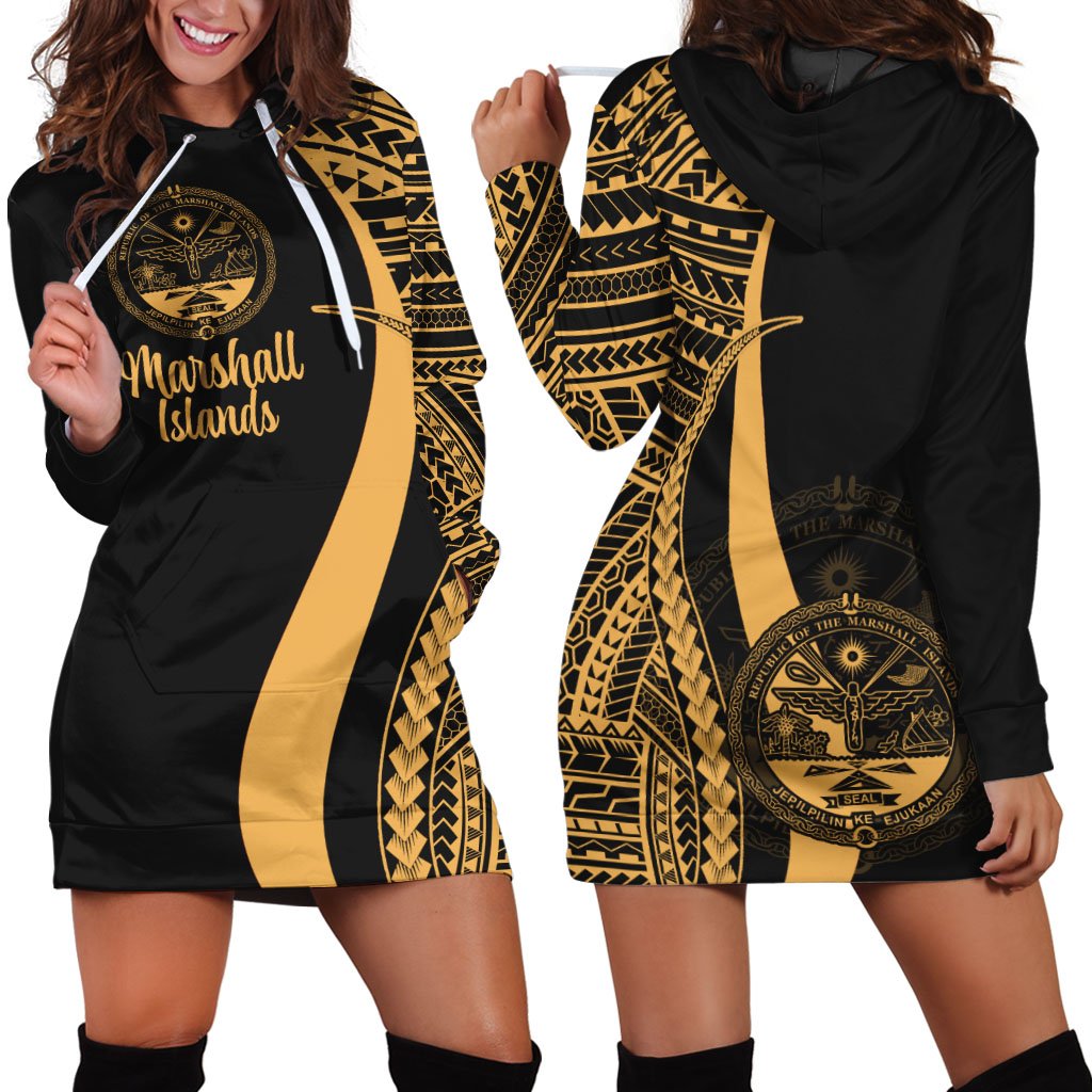 Marshall Islands Women's Hoodie Dress - Gold Polynesian Tentacle Tribal Pattern Crest Gold - Polynesian Pride