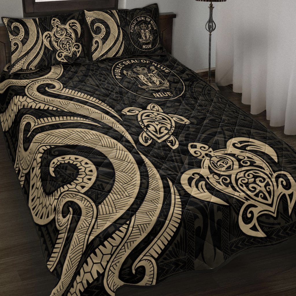Niue Quilt Bed Set - Gold Tentacle Turtle Gold - Polynesian Pride