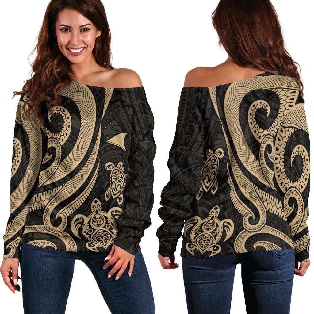 Tokelau Women's Off Shoulder Sweater - Gold Tentacle Turtle Gold - Polynesian Pride