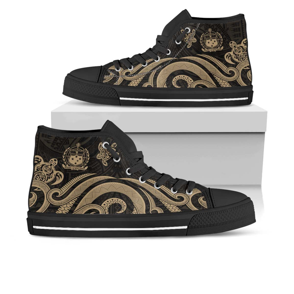 Samoa High Top Shoes - Gold Tentacle Turtle Unisex Black - Polynesian Pride