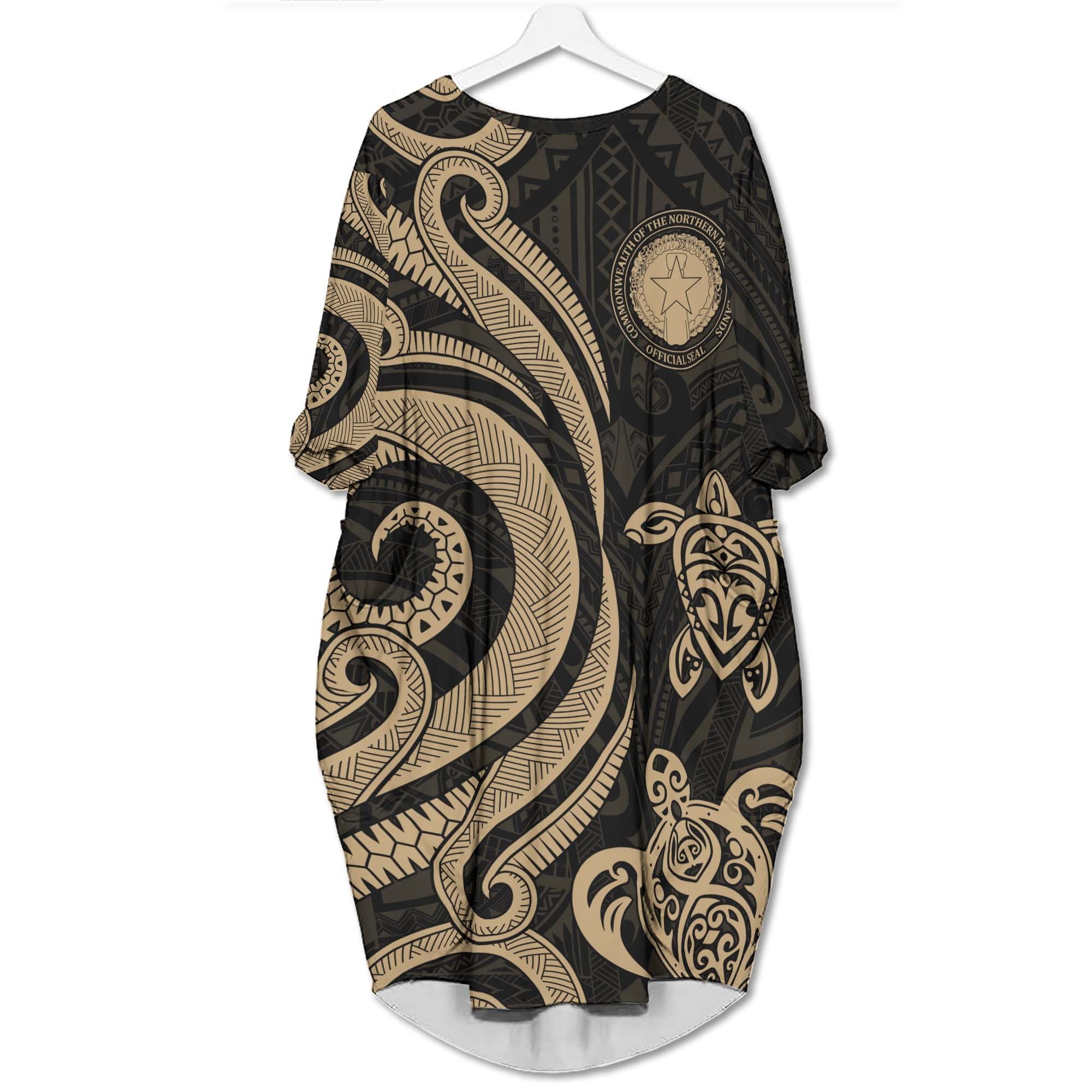 Northern Mariana Islands Batwing Pocket Dress - Gold Tentacle Turtle Women Gold - Polynesian Pride