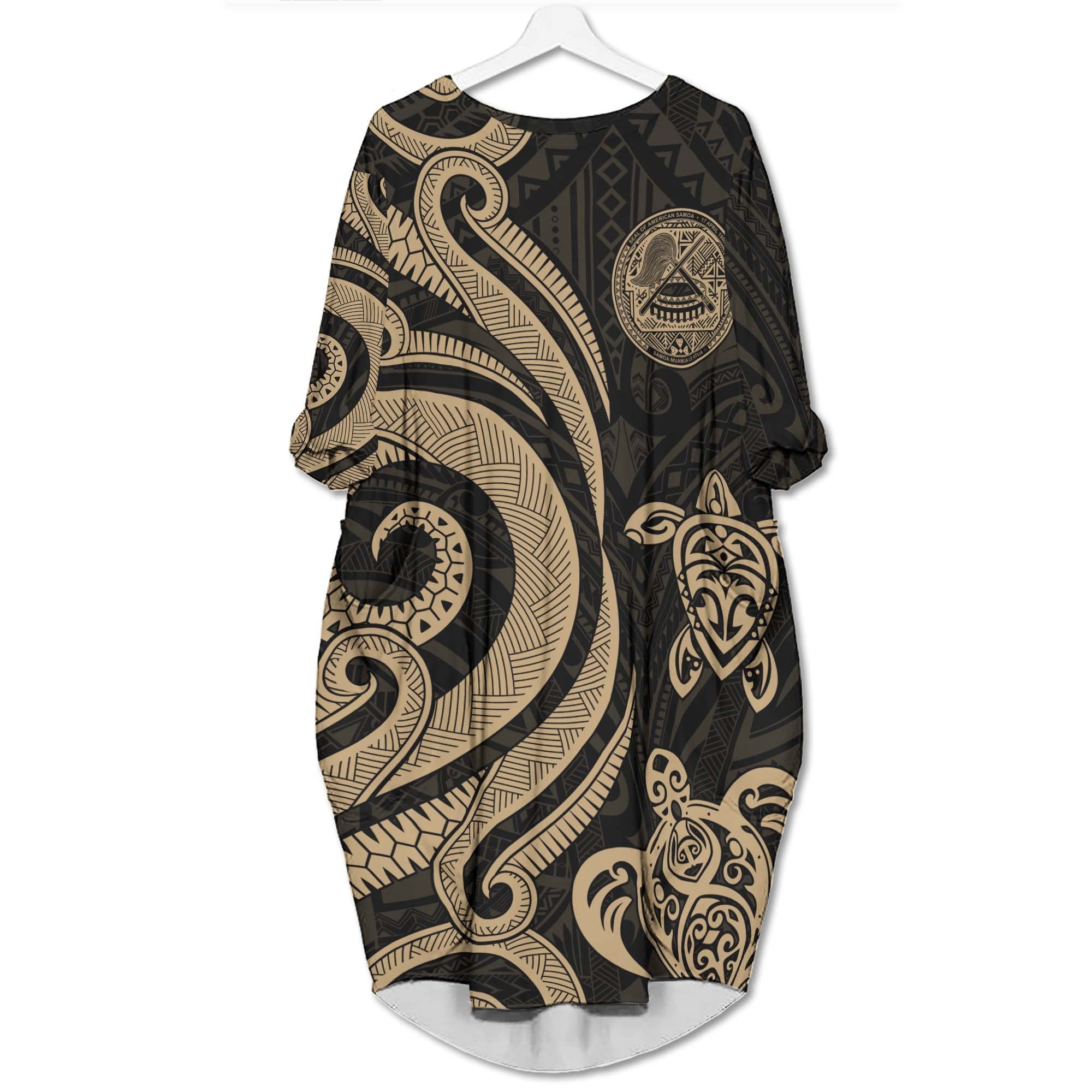 American Samoa Batwing Pocket Dress - Gold Tentacle Turtle Women Gold - Polynesian Pride