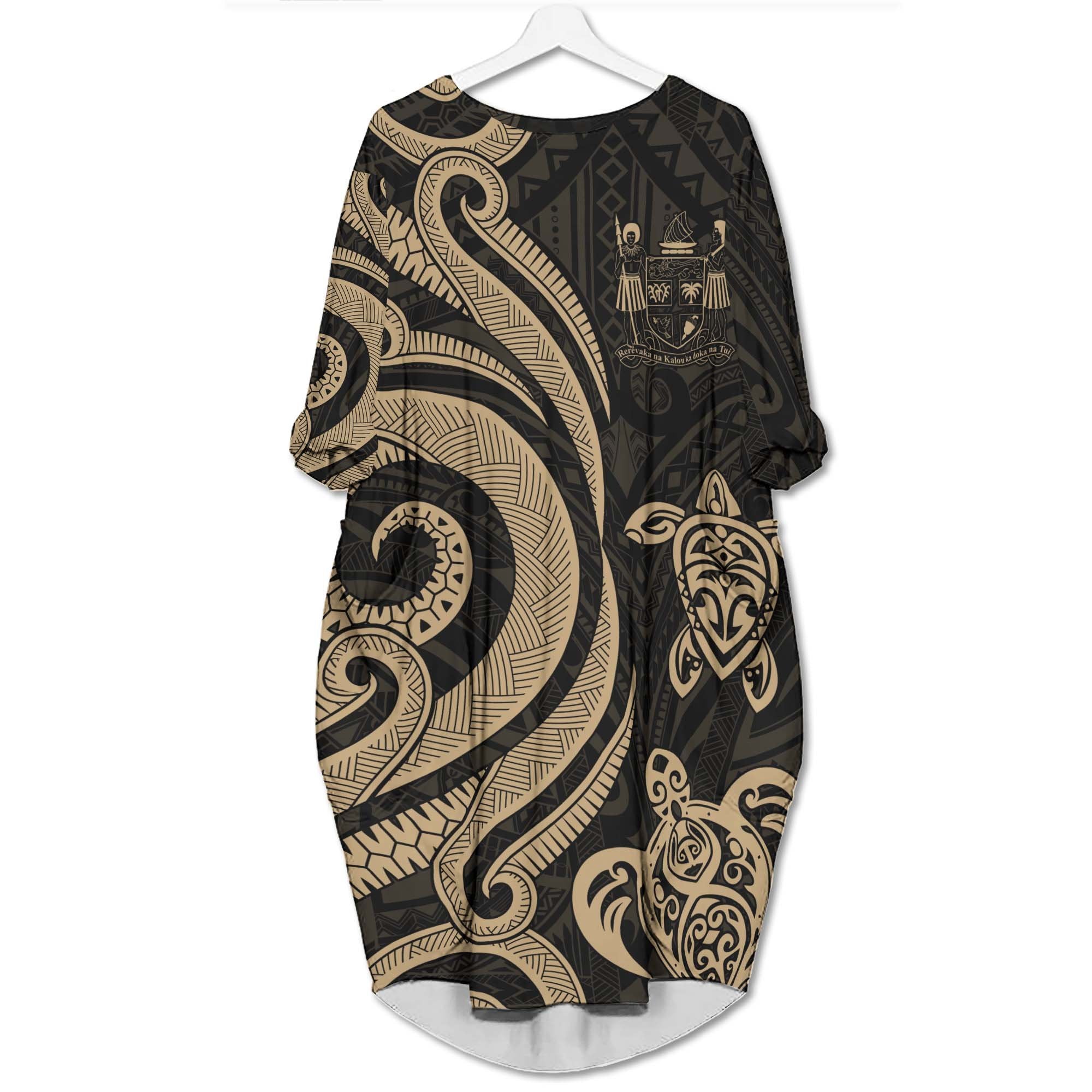 Fiji Batwing Pocket Dress - Gold Tentacle Turtle Crest Women Gold - Polynesian Pride