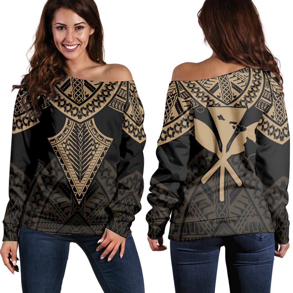 Hawaii Polynesian Limited Women's Off Shoulder Sweater - Tab Style Gold - AH Black - Polynesian Pride