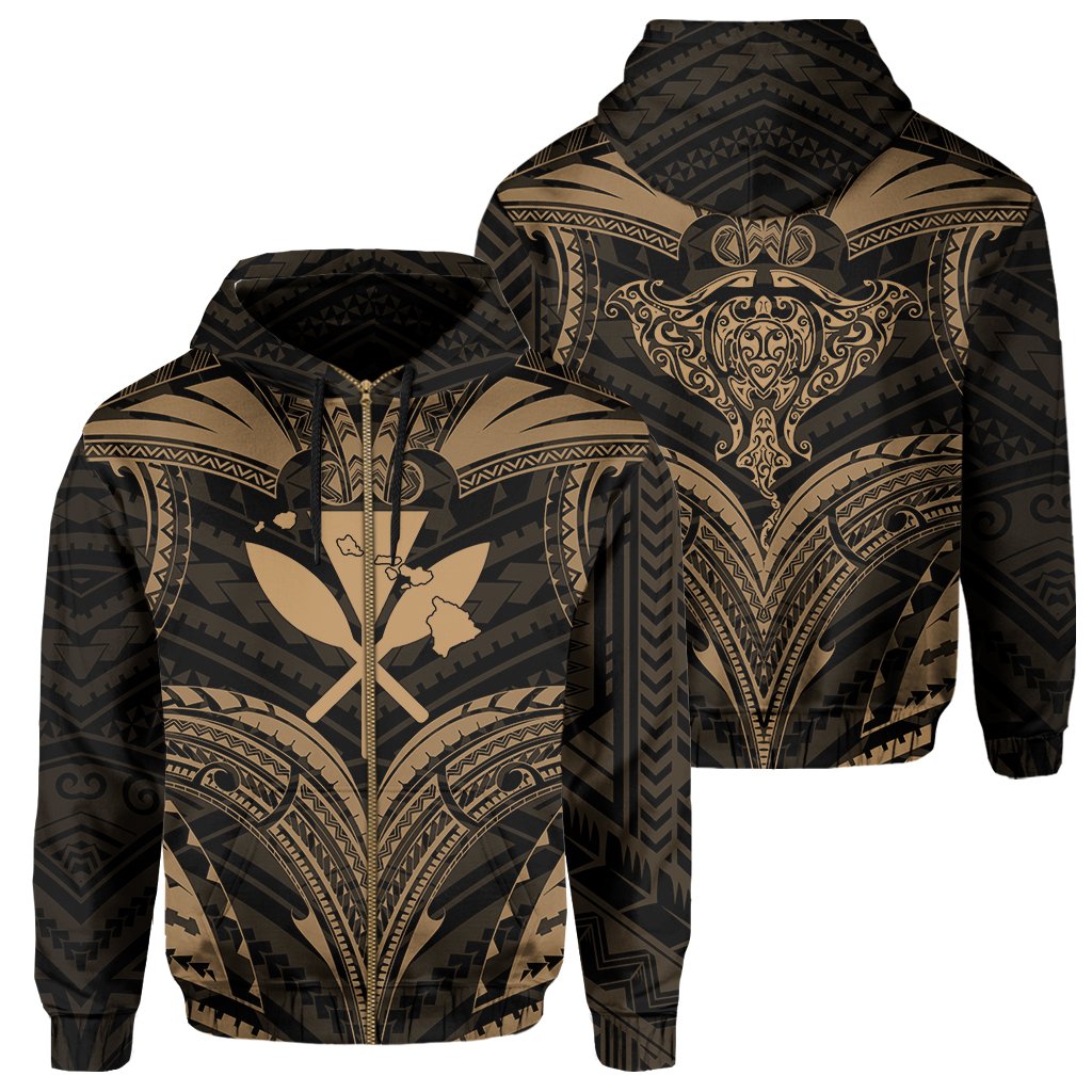 Polynesian Kanaka Shark Turtle Manta Ray Map of Hawaii Zip Hoodie Gold Unisex Gold - Polynesian Pride