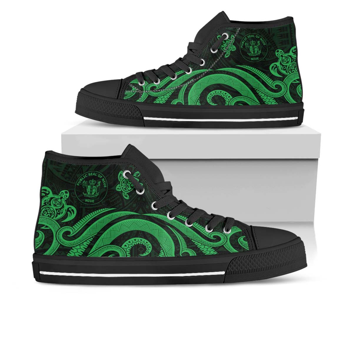 Niue High Top Shoes - Green Tentacle Turtle Unisex Black - Polynesian Pride